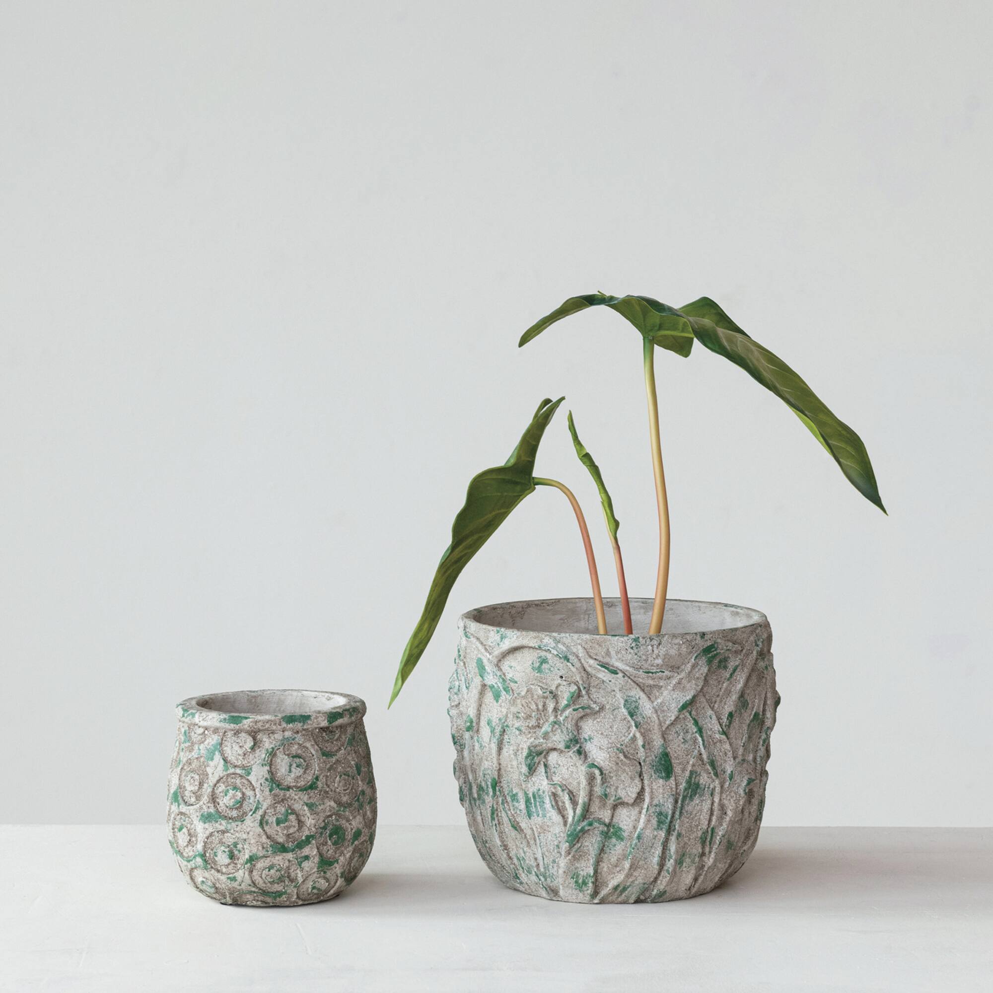 Hello Honey® 9.75" Distressed Green Embossed Floral Cement Planter